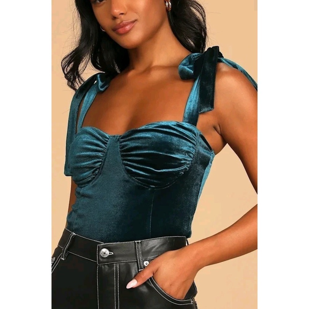 NWT Lulus Glam Idea Teal Blue Velvet Tie-Strap Cropped Tank Top Size Small